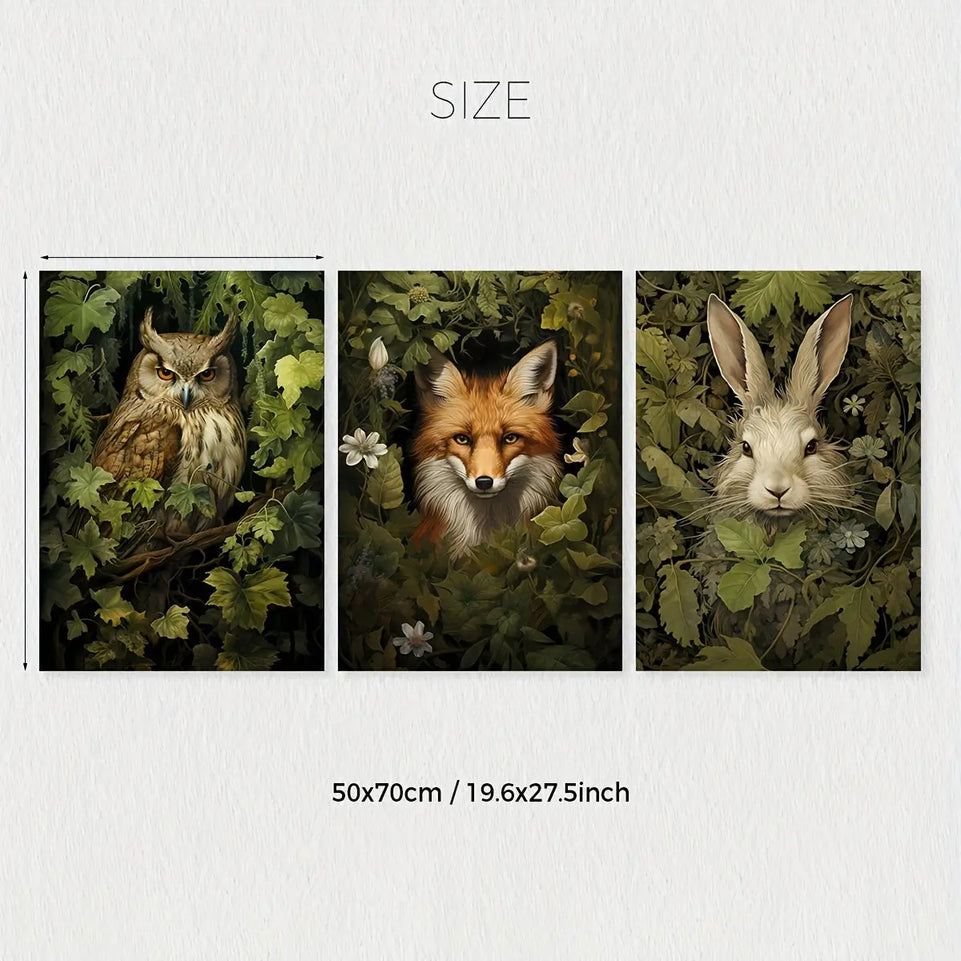 [3pcs Magical Forest Canvas Poster] 3pcs/set Unframed Canvas Poster, Retro Art, Magical Forest Animal Wall Art, Forest Witch Wall Art, Woodland Animal Poster, Ideal Gift For Bedroom Living Room Corridor, Wall Art, Wall Decor, June Wall Art