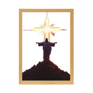 Radiant Christ with Glowing Cross on Mountain - Inspirational Christian Painting Lamp