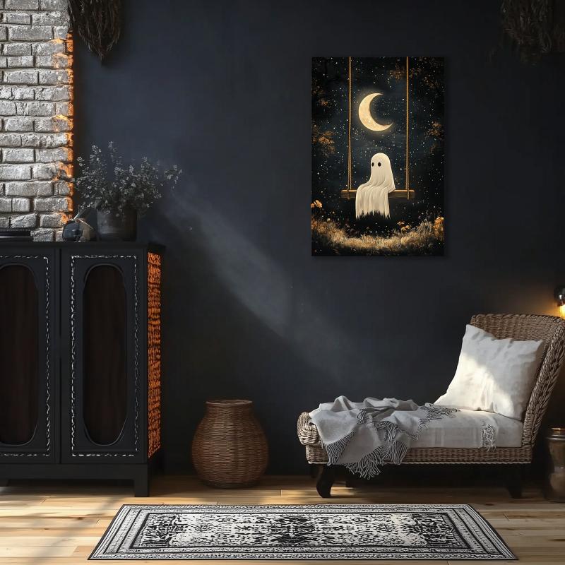 Ghost on Swing Canvas Print - Whimsical Halloween Wall Art for Spooky Home Deco